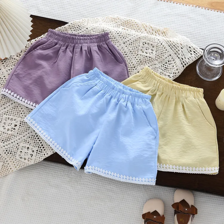 夏季薄款米兰皱中小童波西米亚风简约百搭女宝花边外穿真口袋短裤