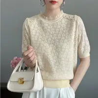 【例畔精选】2025夏季时尚圆领蕾丝边花朵提花镂空百搭针织衫A530#