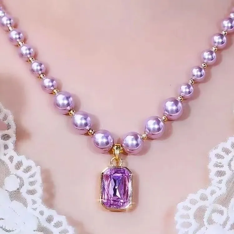 合金仿珍珠项链  严选新款紫色方形女士项链简约时尚紫霞仙子锁骨