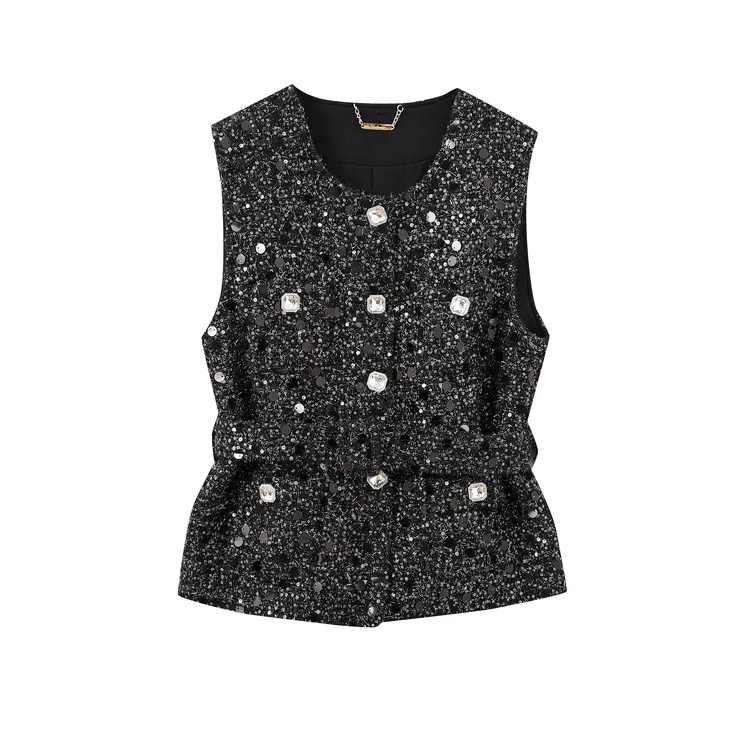 【香香世家】轻奢小香风 黑银色亮片编织修身腰带马甲（R-C152）