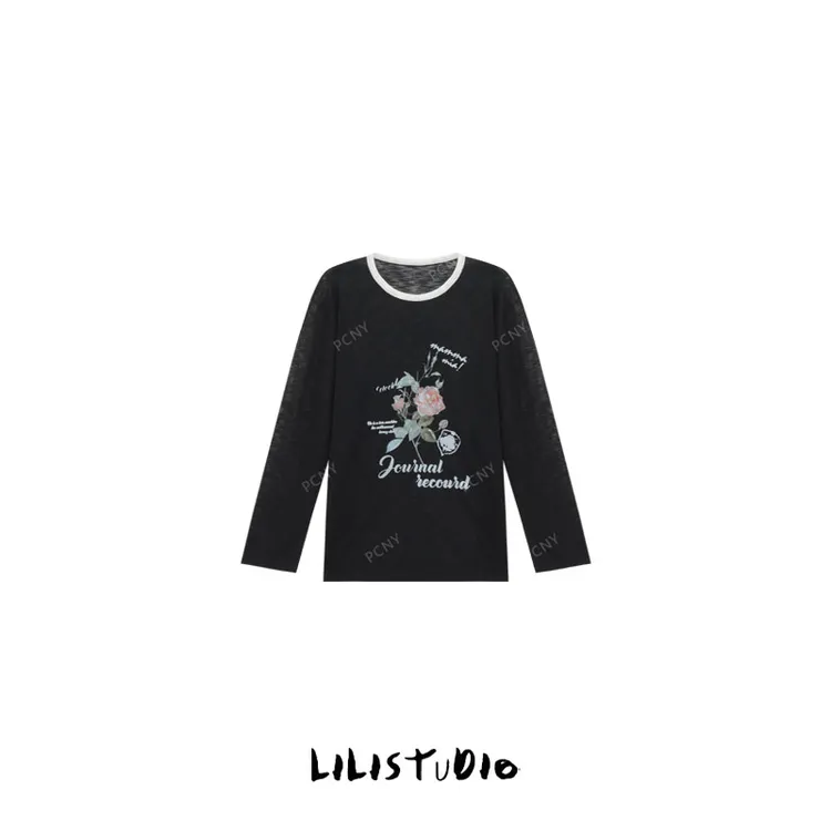 PCNY「墨香玫忆」不理理夏季新款小众女装宽松设计感印花长袖上衣女