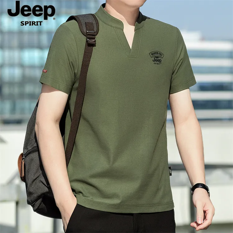 Jeep吉普商务风T恤修身男士夏季休闲半袖t恤短袖polo潮流纯色V领
