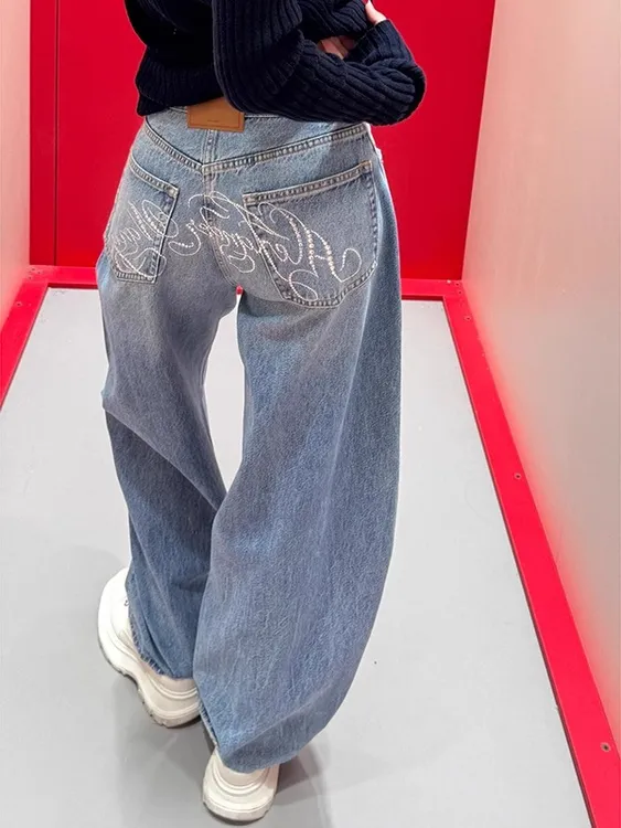 美式辣妹重工字母烫钻牛仔裤2025新款爆款设计感小众拖地裤阔腿裤