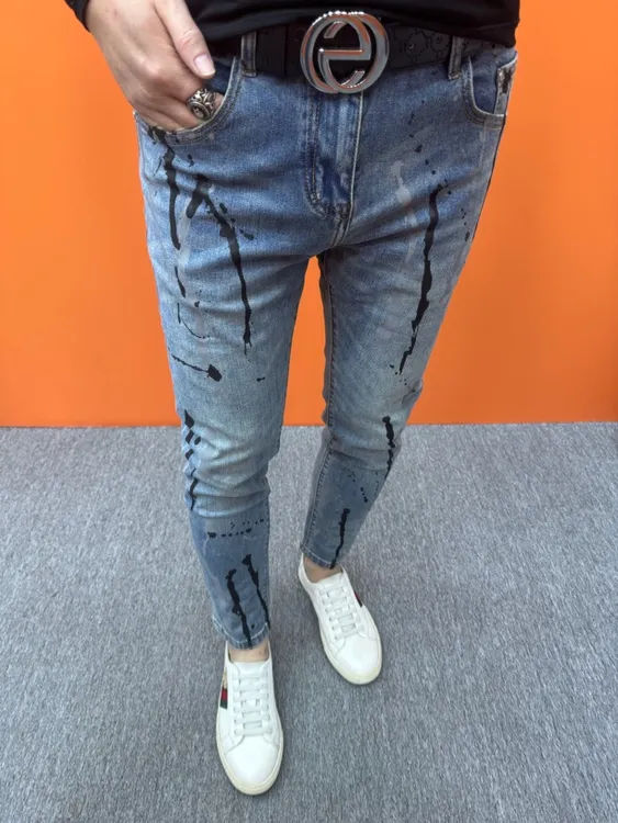 春夏季泼墨牛仔裤弹力蓝色裤子潮流修身小脚裤韩版九分牛仔裤男