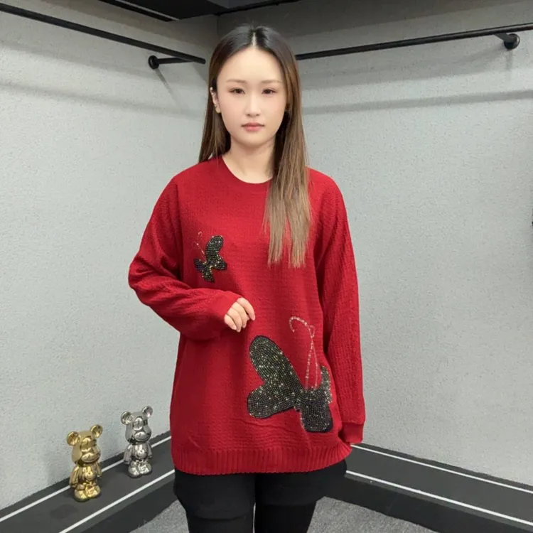 新款新年战袍时尚毛衣加厚打底宽松中长款显瘦高档气质秋冬针织衫