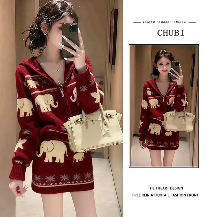 慵懒风红色针织套装女2025秋冬季新款圣诞氛围感上衣半身裙两件套