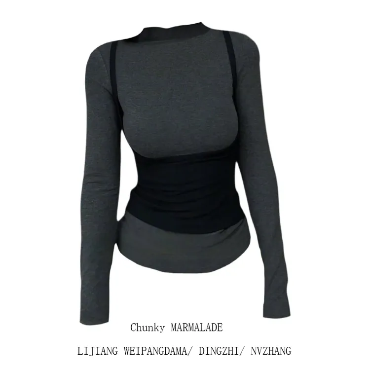 大码胖MM韩系撞色假两件长袖T恤女秋季新款修身百搭显瘦打底上衣