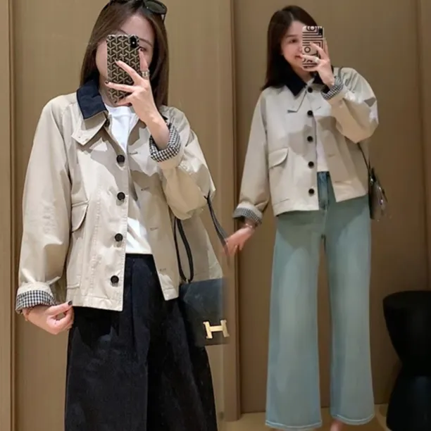 洋气拼色巴恩风复古翻领短款风衣外套女2025秋季新款宽松上衣