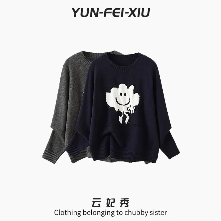 云妃秀大码女装针织衫圆领提花笑脸时尚宽松显瘦胖妹妹冬季3657
