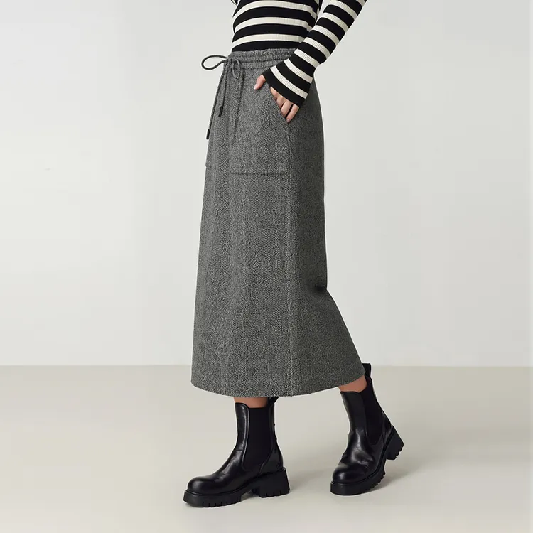 EP雅莹女装 气质绵羊毛直筒抽绳大口袋半身裙 秋冬新款3528A