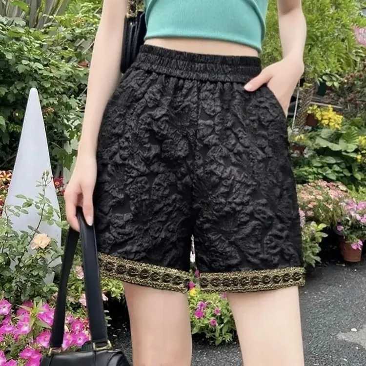 重工串片刺绣国风显瘦高腰女夏a字短裤松紧腰宽松复古提花阔腿裤