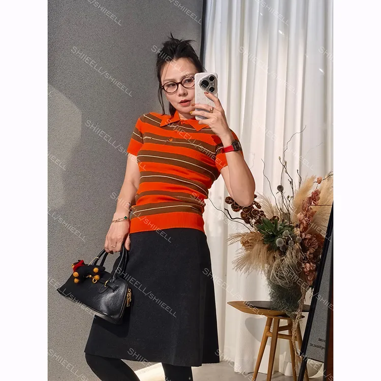 SHIIEELL【学院毛衣】百搭绵羊毛针织衫复古百搭短袖条纹毛衫Z7612