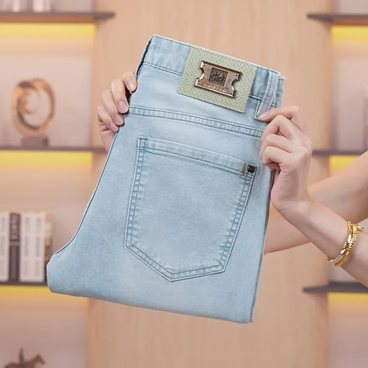 薄款碧仓兰牛仔裤男士夏季莱赛尔天丝九分裤潮流修身弹力小直筒裤