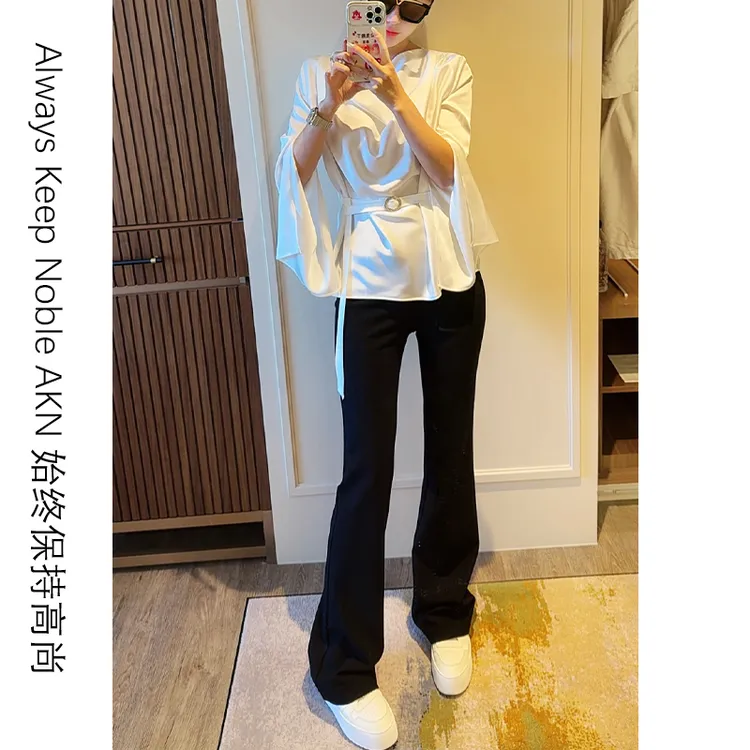 艾珂妮8046【微喇长裤】新款百搭显气质显瘦高腰提臀弹力黑色微喇裤