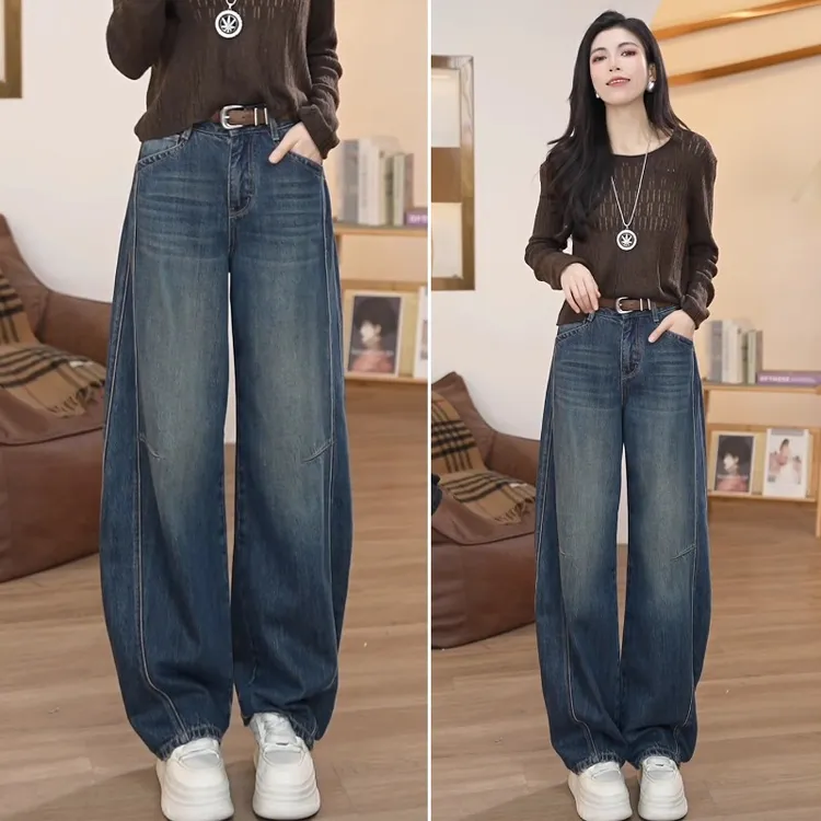 巨好看的牛仔裤加绒裤子秋冬季九分裤2025新款弯刀裤高腰阔腿裤