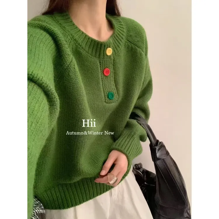 2025新款彩扣套头针织冬季宽松宽松型韩版毛针织衫