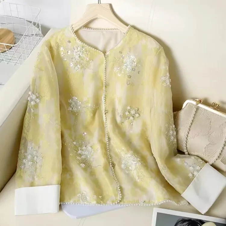 2025新款春夏季新中式国风钉珠刺绣短款上衣新款轻薄时尚宽松百搭