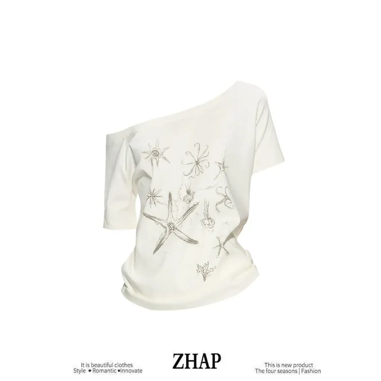 【ZHAP】一字肩手绘海星印花斜肩短袖T恤女夏季宽松印花百搭上衣