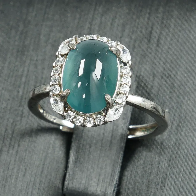 041-天空蓝冰种蛋面戒指开口戒，缅甸天然A货翡翠轻奢时尚镶嵌豪华