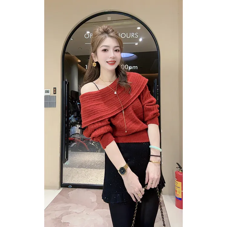 涵涵家 温柔韩系一字领针织毛衫 VS 重工闪片木耳边A字半裙-7296