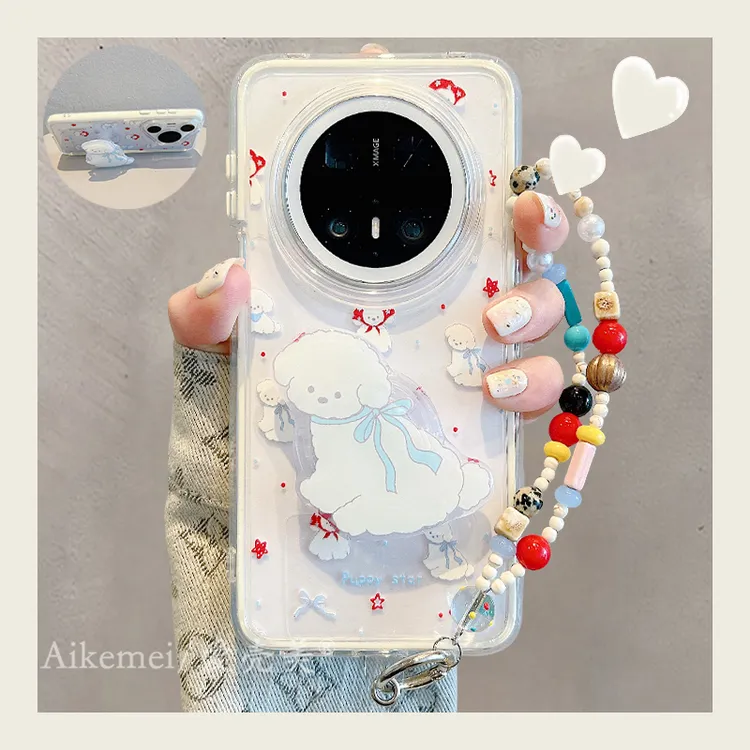 适用华为mate70pro+手机壳三合一波点mate60pro+蓝蝴蝶结白狗支架