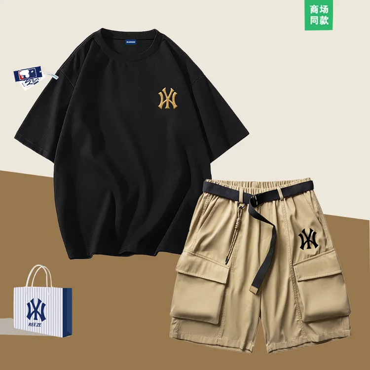 潮牌夏季短袖T恤套装工装短裤男士纯棉宽松休闲一套潮流衣服