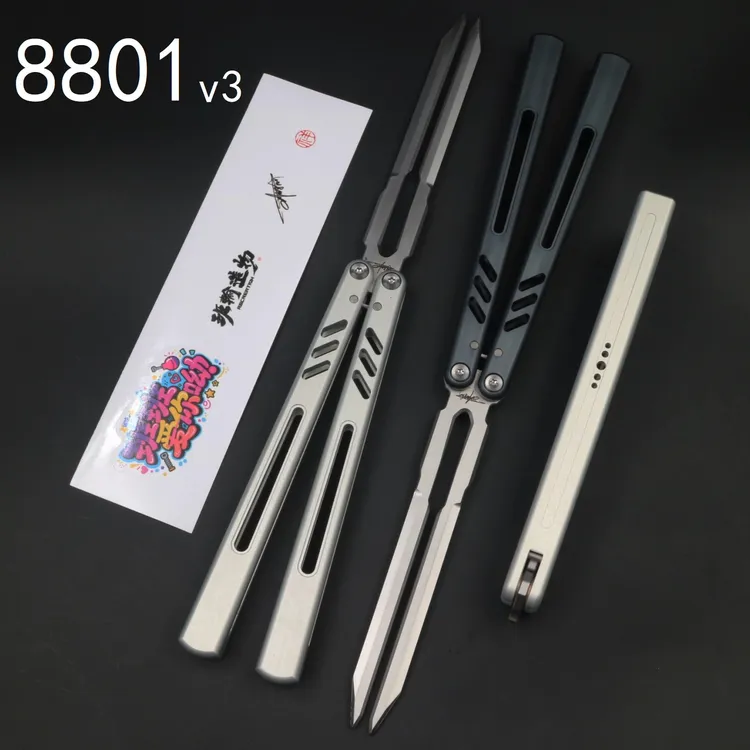 班输8801V3蝴蝶刀曜日花式一体铝合金安全不开刃音叉刃表演道具