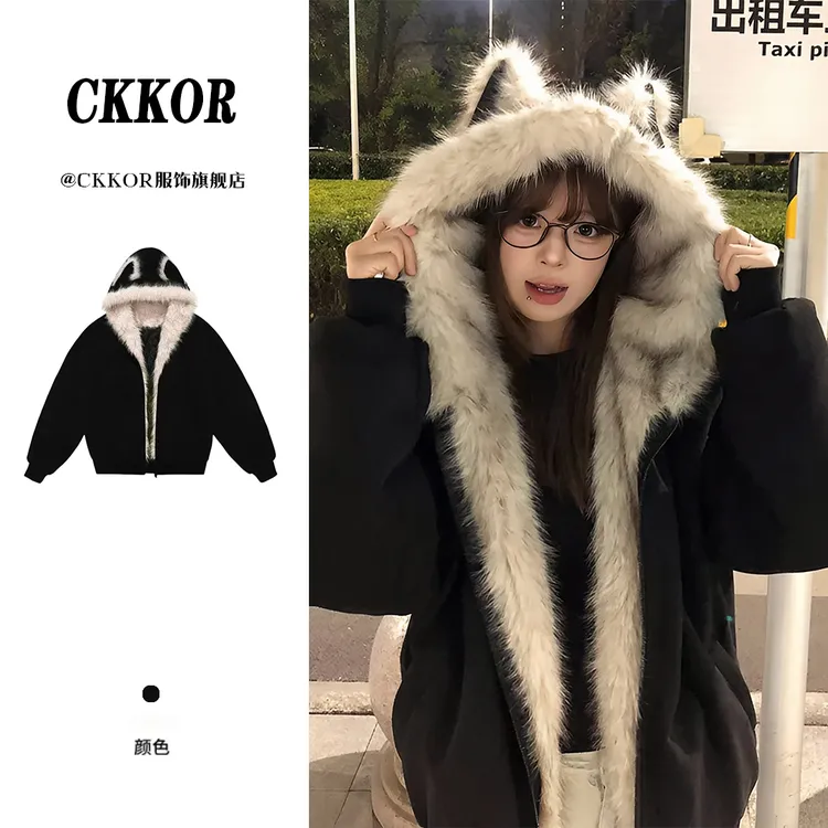 CKKOR座山雕毛领棉服外套男女加厚保暖夹克美式复古宽松冬季棉衣