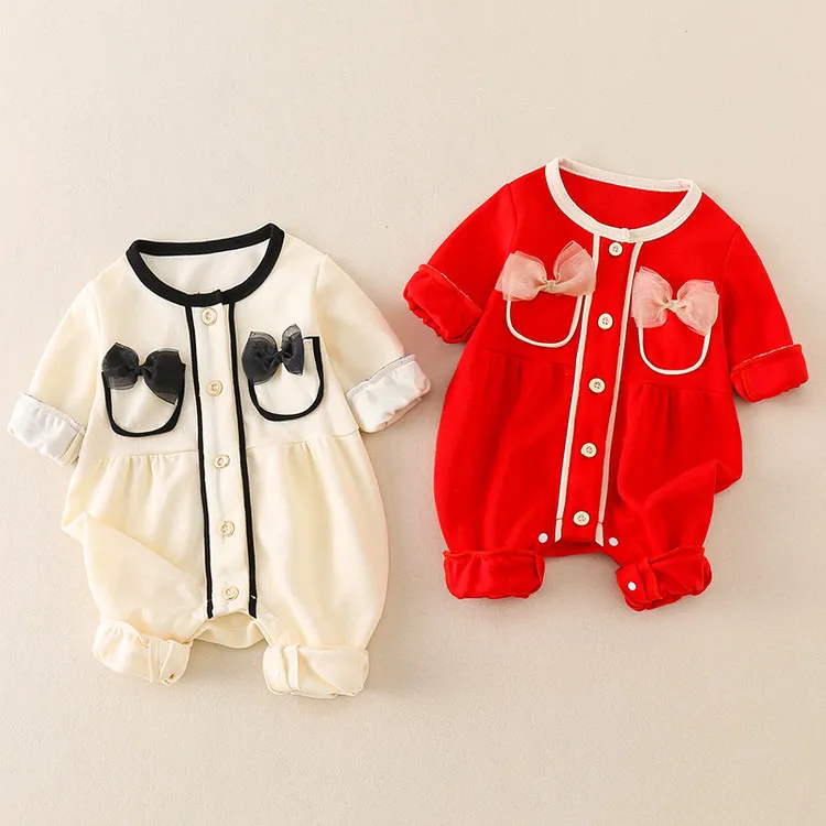 春秋婴儿宝宝新生儿女宝满月百天新生婴女童幼儿连体衣中国风新款