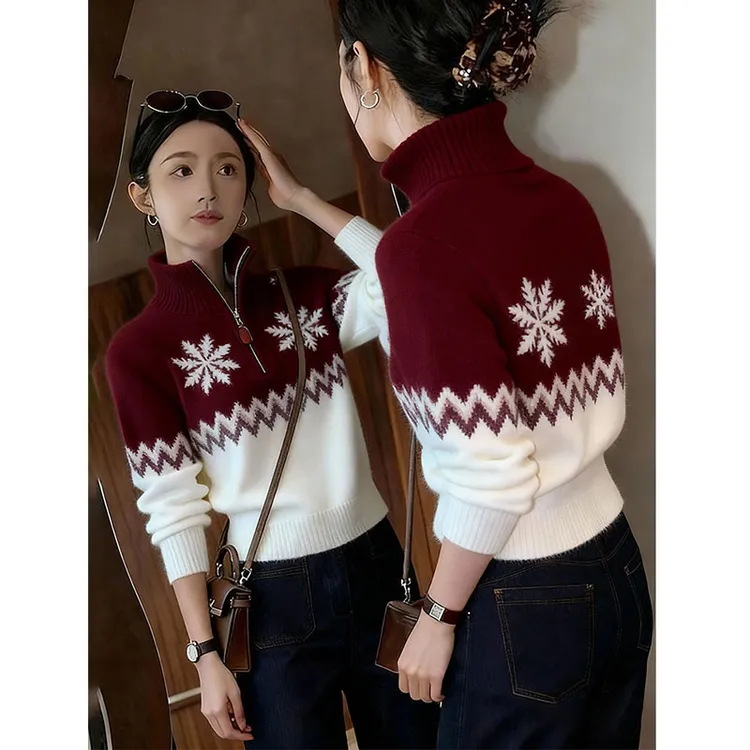 费尔岛提花拉链翻领毛衣女2025冬季新款小个子减龄百搭软糯针织衫