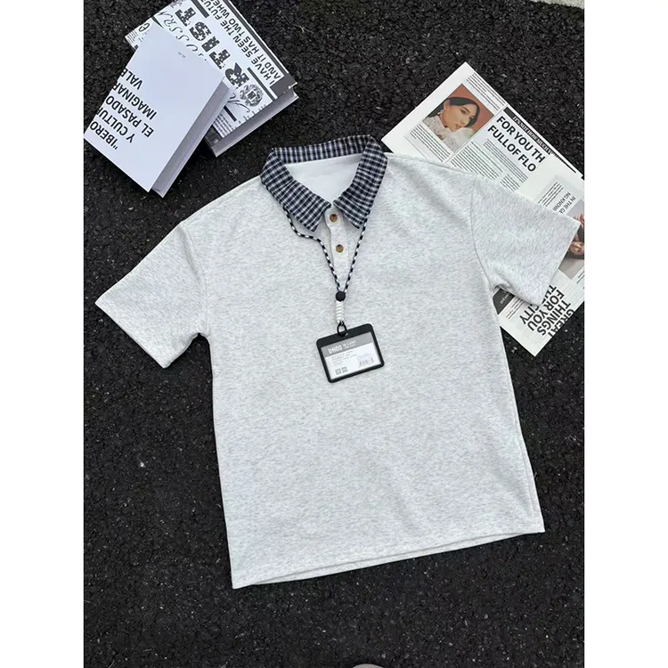 灰色假两件格子拼接POLO衫短袖男款夏季cleanfit美式简约正肩t恤