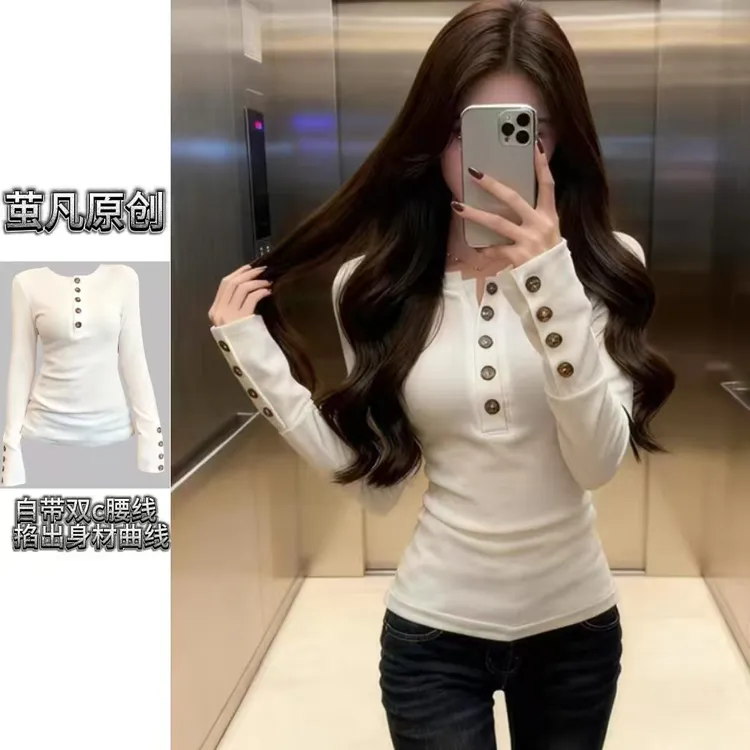 微胖大码胖妹妹设计感定制亨利扣加绒磨毛长袖女秋冬显瘦打底衫女