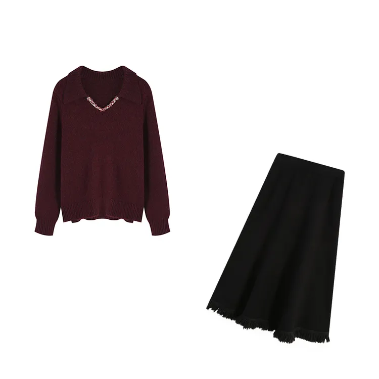 五季家五季家大码紫色/咖色上衣ZL113778+黑色长半裙ZL98869套装