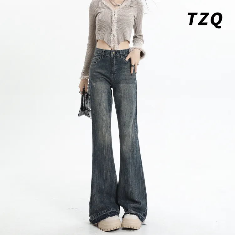 复古蓝水洗新款2025设计感喇叭牛仔裤女百搭高腰马蹄裤TZQ2532022