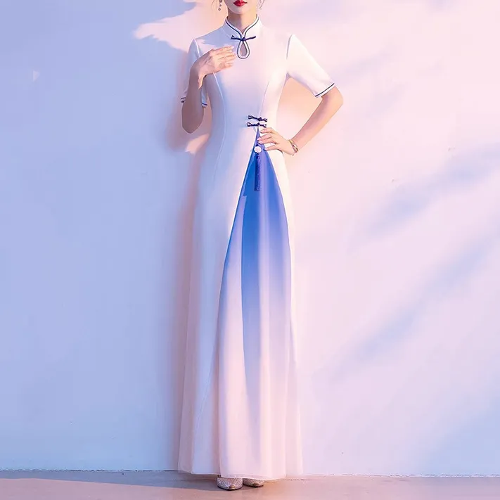 大合唱演出服女长裙红歌比赛舞台服装礼仪迎宾主持人修身旗袍礼服