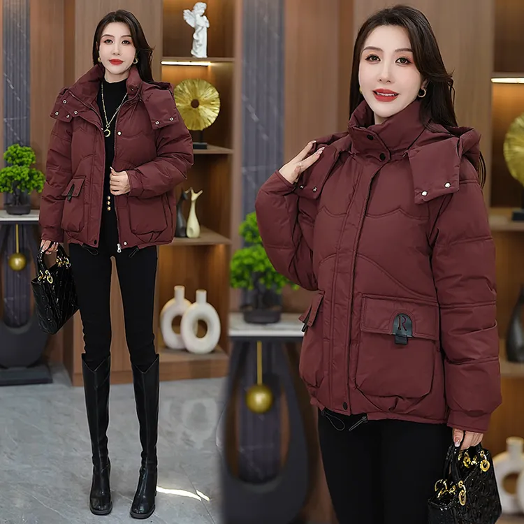 冬季新款连帽黑色羽绒棉服女宽松大码休闲保暖棉袄面包服棉衣外套