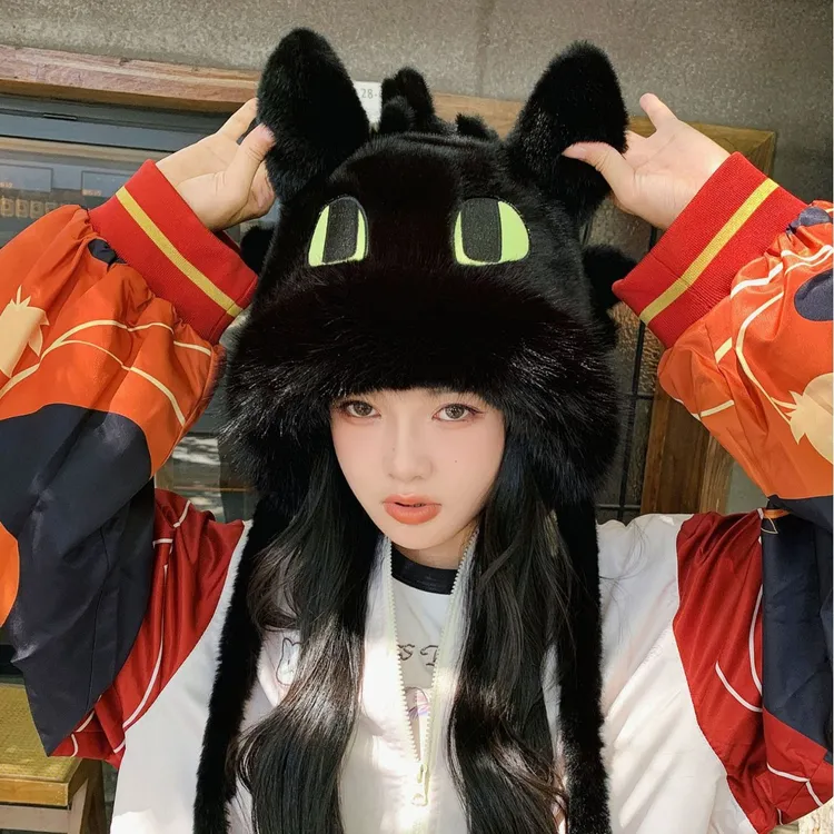 可爱无牙仔毛绒帽子女秋冬季新款卡通加绒加厚保暖骑行护耳雷锋帽