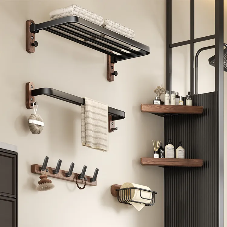 胡桃木毛巾架免打孔卫生间中古风高端浴室厕所架子浴巾置物架挂件