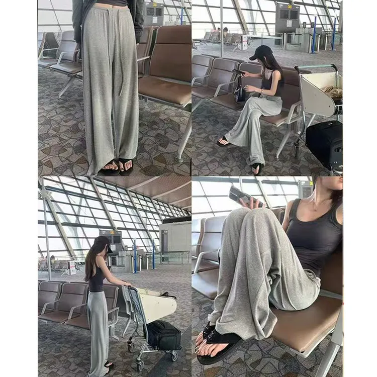慵懒风松弛感灰色凉凉裤女秋季薄款高腰抽绳垂感休闲直筒阔腿裤子