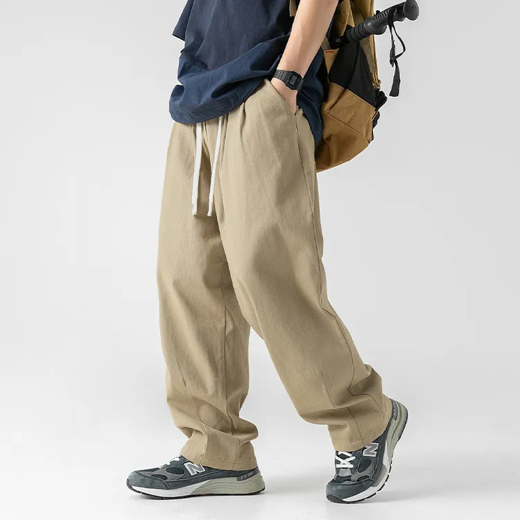 新款2025秋季韩版宽松纯棉休闲裤男复古双打褶设计百搭垂感长裤子