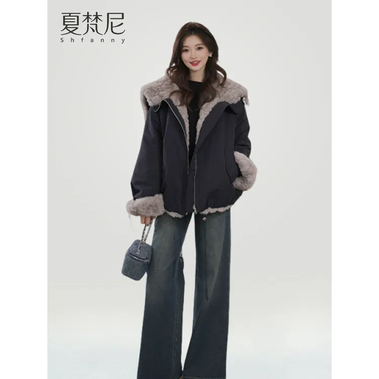 夏梵尼日光漫谈冬季加绒加厚派克服披肩连帽两穿工装毛毛外套爆款