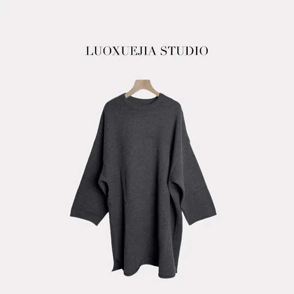 LXJ25583「舒适简约」松弛感圆领宽松长袖针织连衣裙
