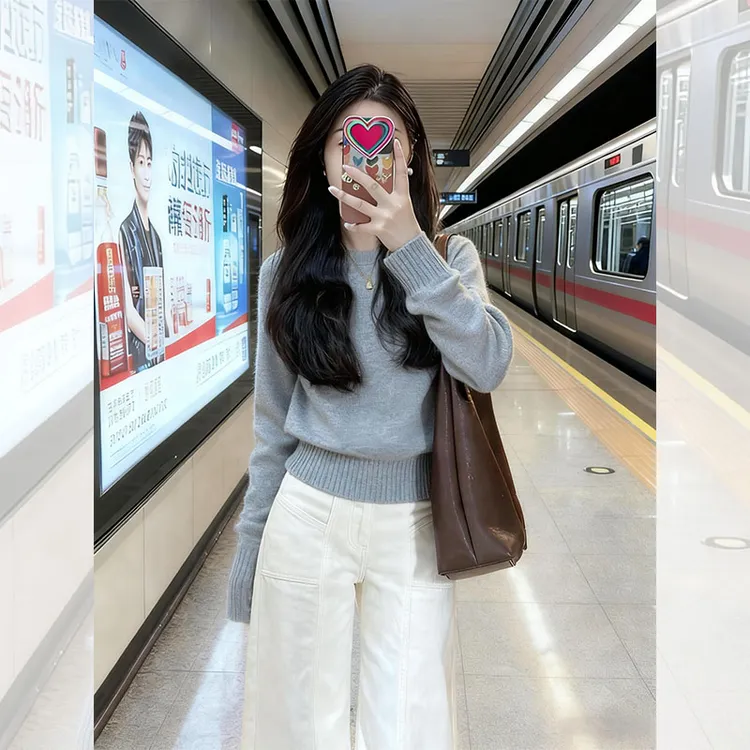 韩系慵懒风时尚灰色圆领套头毛衣秋冬新款宽松显瘦百搭针织衫上衣