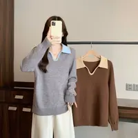 气质显瘦撞色翻领针织衫打底衫女休闲百搭潮2025秋季新款大码胖mm
