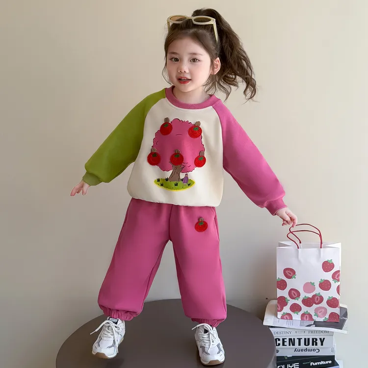 女童运动套装春秋2026新款儿童苹果树卫衣春装宝宝洋气休闲两件套