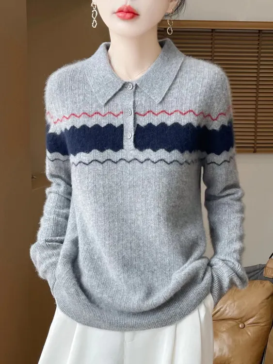 POLO领～～翻领羊毛衫女士宽松型针织打底衫条纹提花外穿毛衣打底