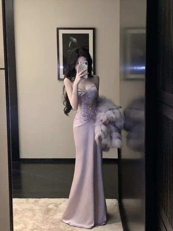 【雅乔定制】朝雾鸢尾 扭结抹胸蕾丝拼接吊带连衣裙DYLL-25116609