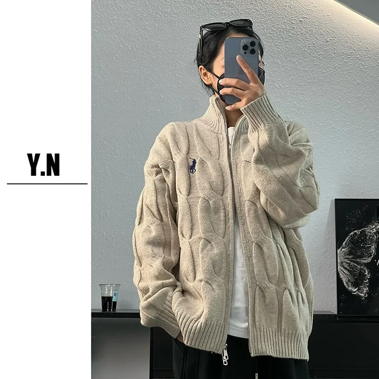 秋季2025刺绣毛衣外套双拉链休闲加厚男士立领针织开衫