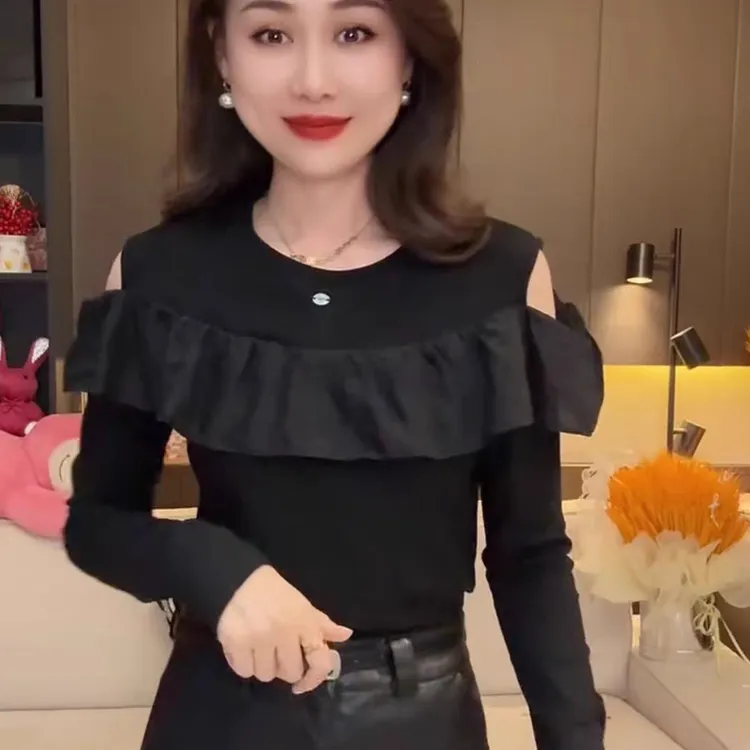 时尚圆领拼接荷叶边露肩长袖T恤2025秋季新款气质显瘦高级感上衣