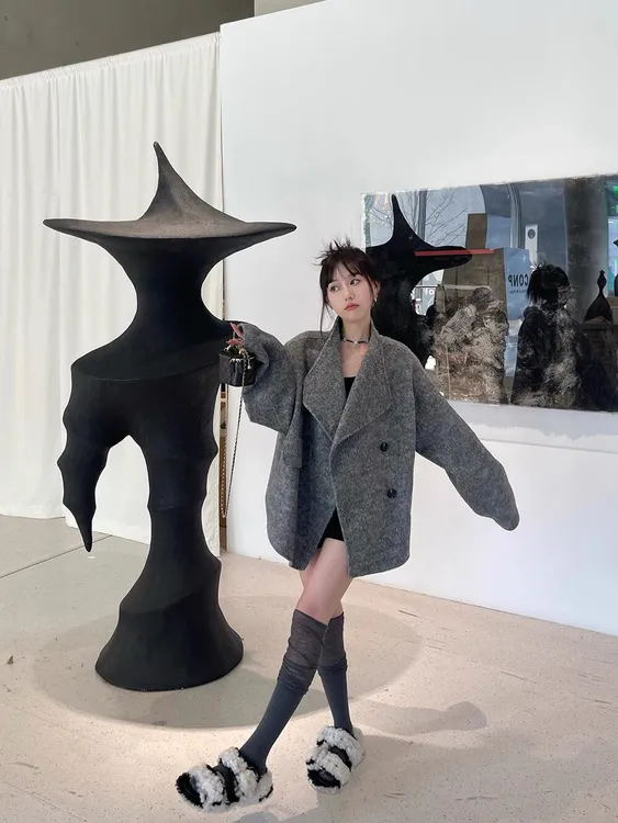 灰色短款双面呢大衣女毛呢秋冬加厚韩系外套 as